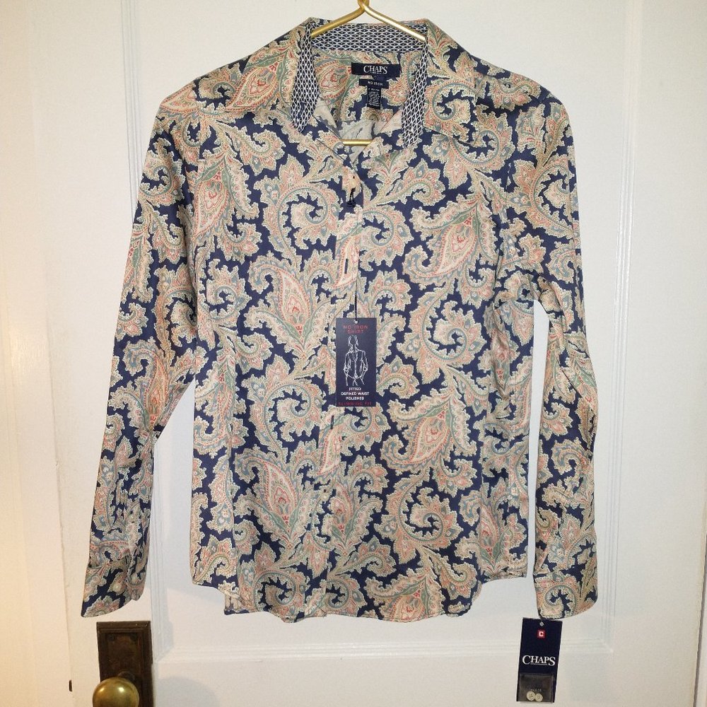 CHAPS Navy Blue Paisley Button Down Blouse Shirt NEW WITH TAGS Petite Small
